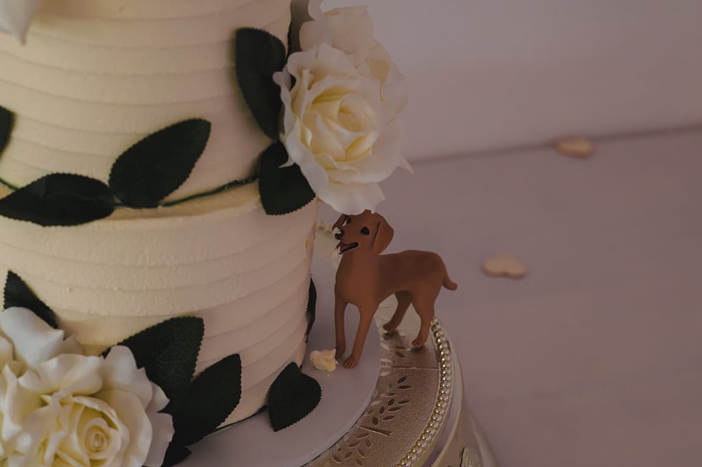 Wedding cake with the figure of a dog eating the cake